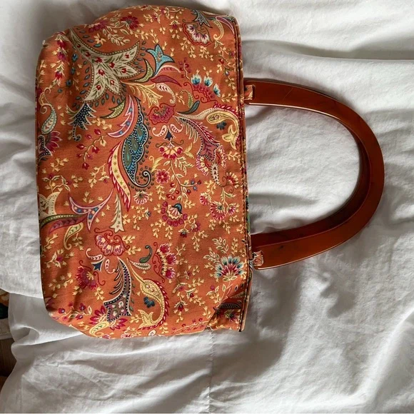 Talbots orange paisley print cotton purse with tortoise-colored plastic Handle - Picture 4 of 6
